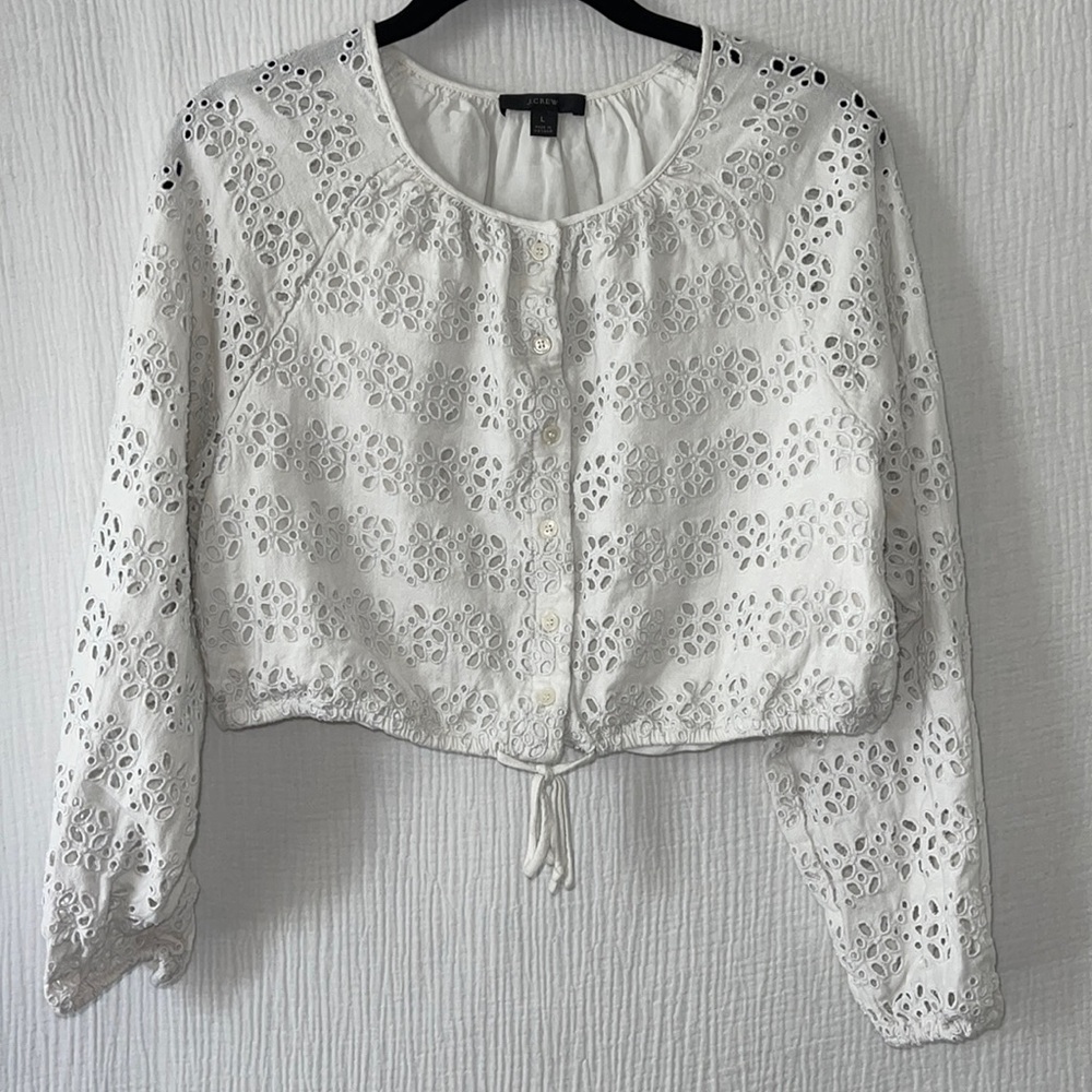 JCrew Long-sleeve linen-blend cropped top in‎ eyelet - Picture 2 of 6